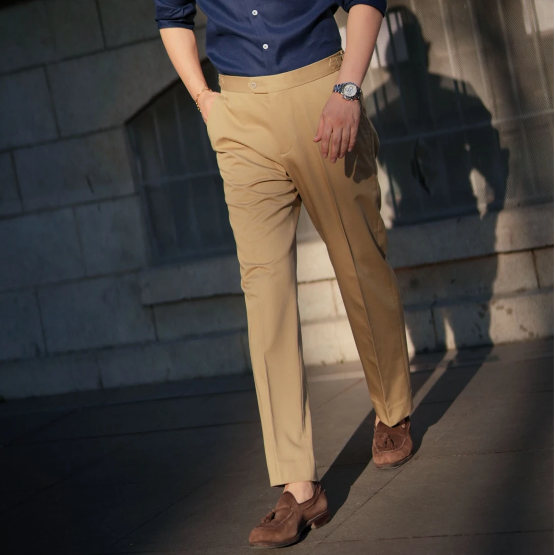 PEONIA ROSSA春秋季进口重磅斜纹精梳棉男士休闲商务百搭直筒裤子