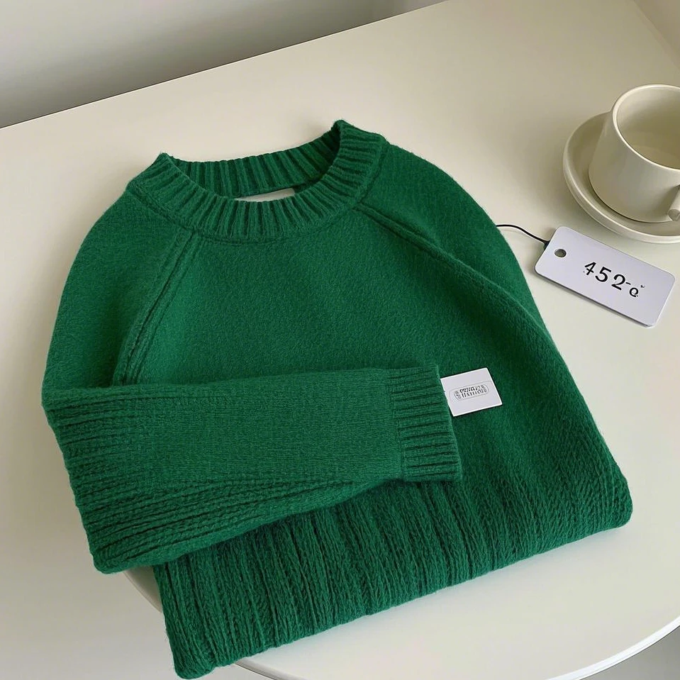 女复古长袖毛衣绿色圆领厚款针织宽松百搭保暖套头上衣加厚韩版