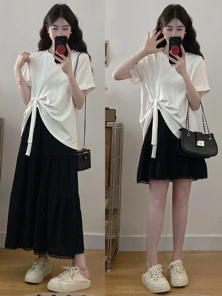 大码女装胖mm新款花边蛋糕裙+蝴蝶结宽松T恤