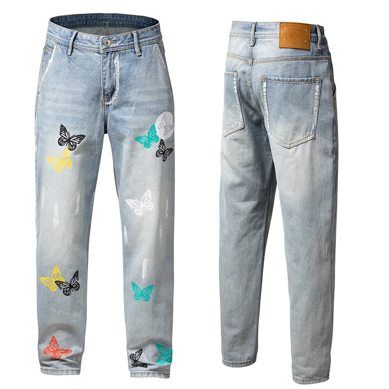 秋冬季潮牌美式高街复古宽松直筒青年时尚蝴蝶印花牛仔裤男士长裤