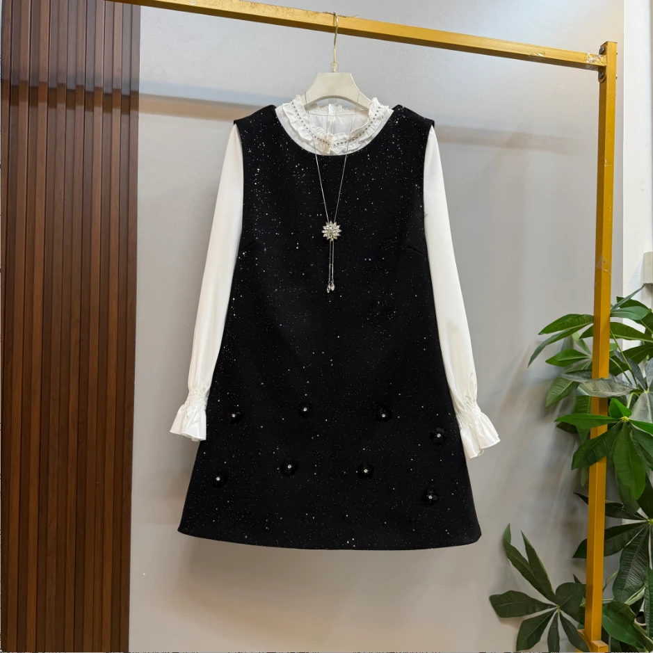 新款大码女装时尚洋气赫本风小花朵马甲裙十衬衫两件套套装