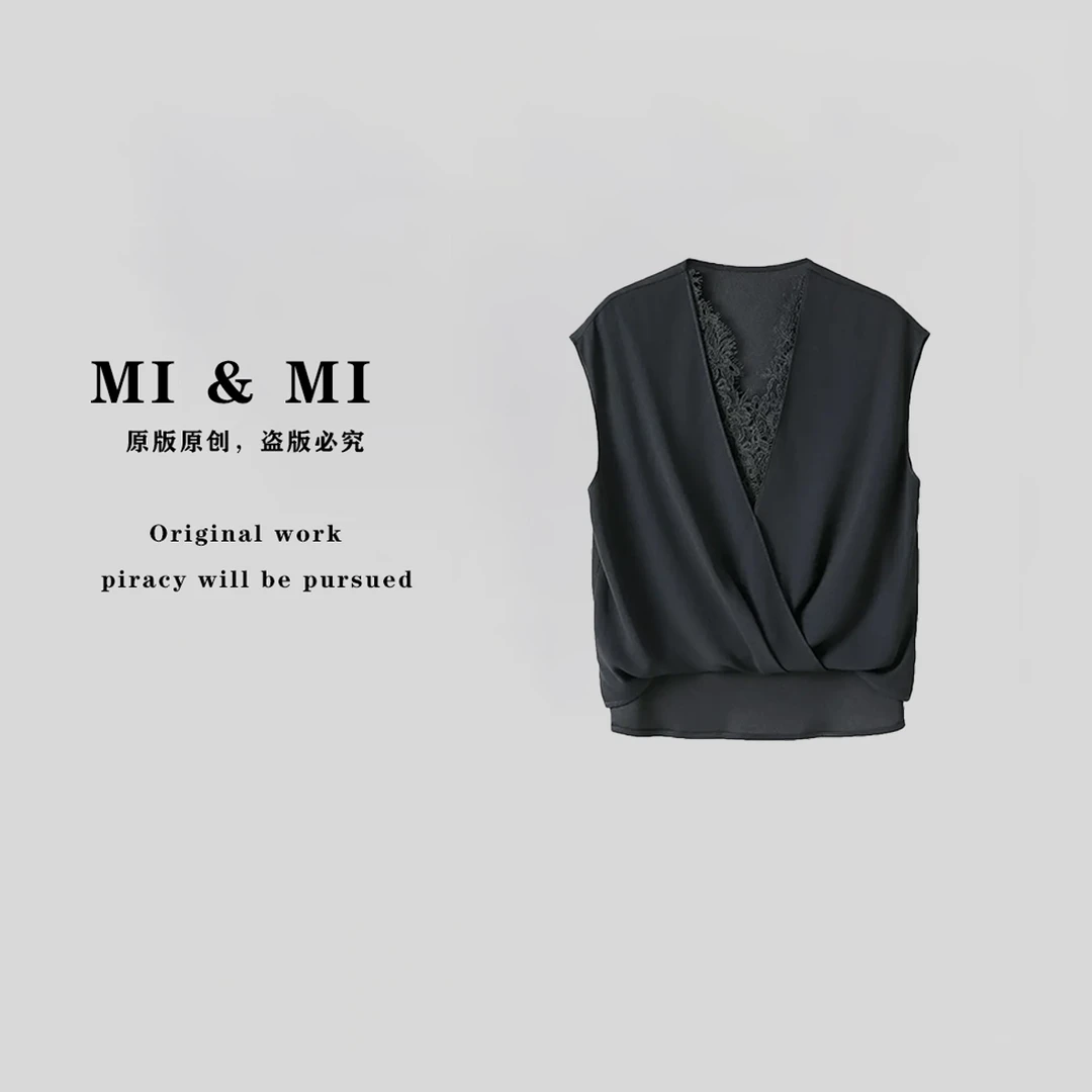 【米米私服】夏季V领蕾丝边性感时尚百搭设计感T恤 2502-224