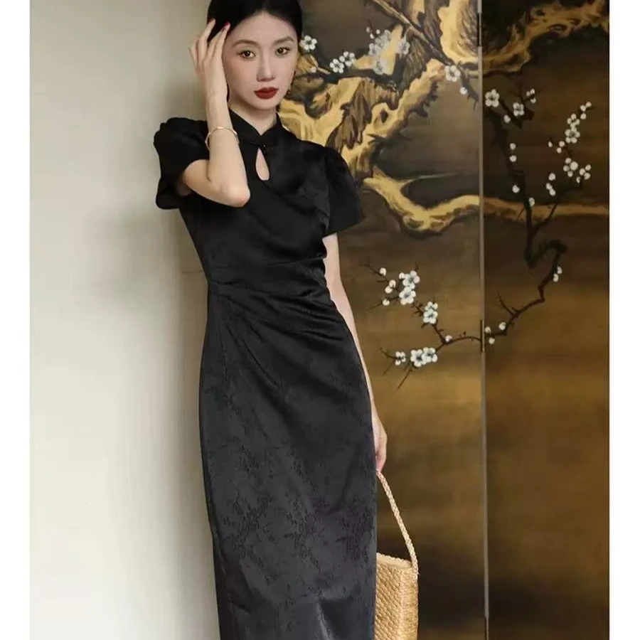 D6680夏季新款国风复古气质连衣裙女收腰显瘦改良旗袍