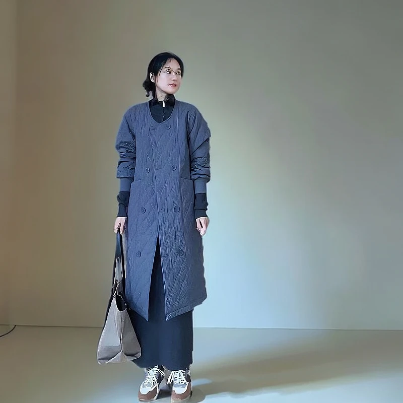 新款潮流重工艺韩版时尚百搭气质显瘦中长款棉衣双排扣外套W5750