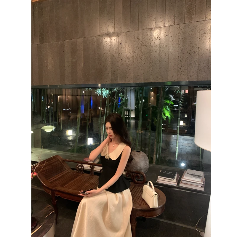 文文【夜昼之舞】针织V领上衣套装高腰半身长裙含胸花LL9530