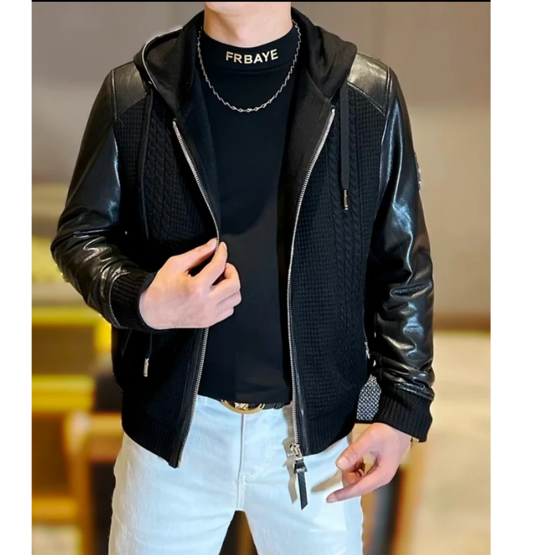 秋冬新款连帽针织拼接皮夹克高端时尚休闲潮流轻奢2025男士外套