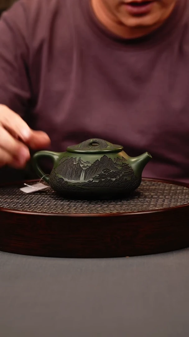 茶壶紫砂绿泥 景州石瓢 刻绘