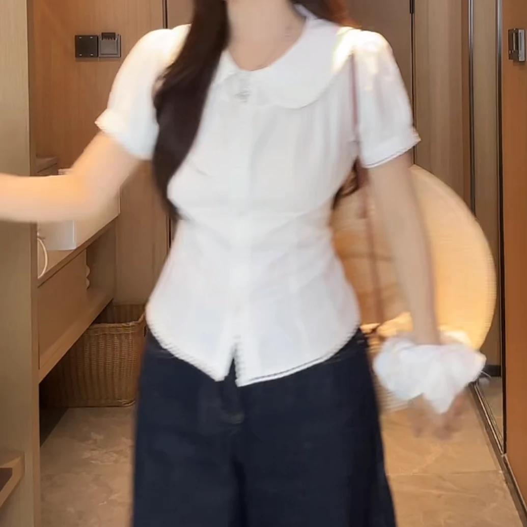 设计感法式白色娃娃领衬衫女2025夏季新款收腰修身短款短袖上衣