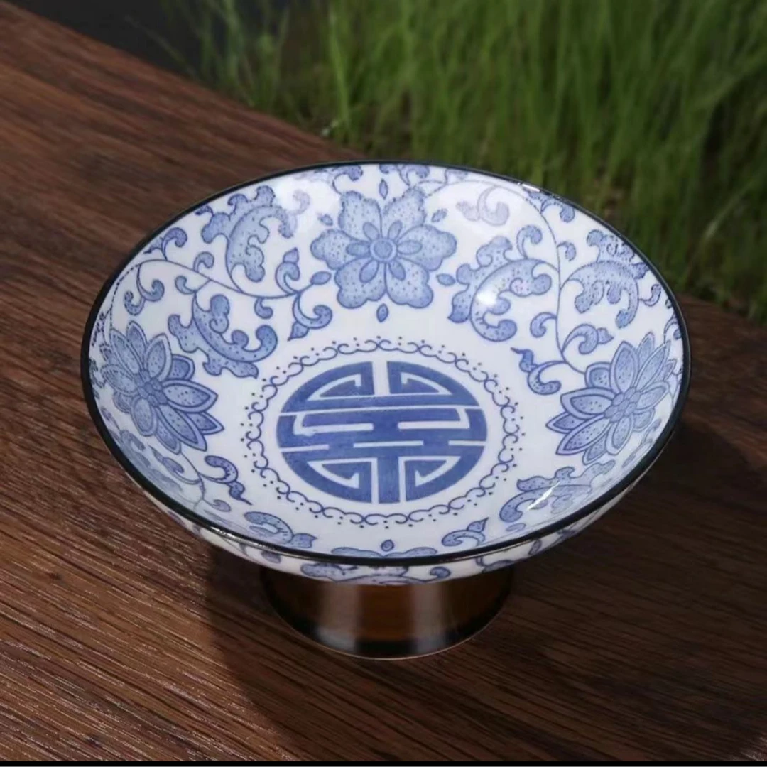 缠枝莲【高脚】果盘-蓝 A0030