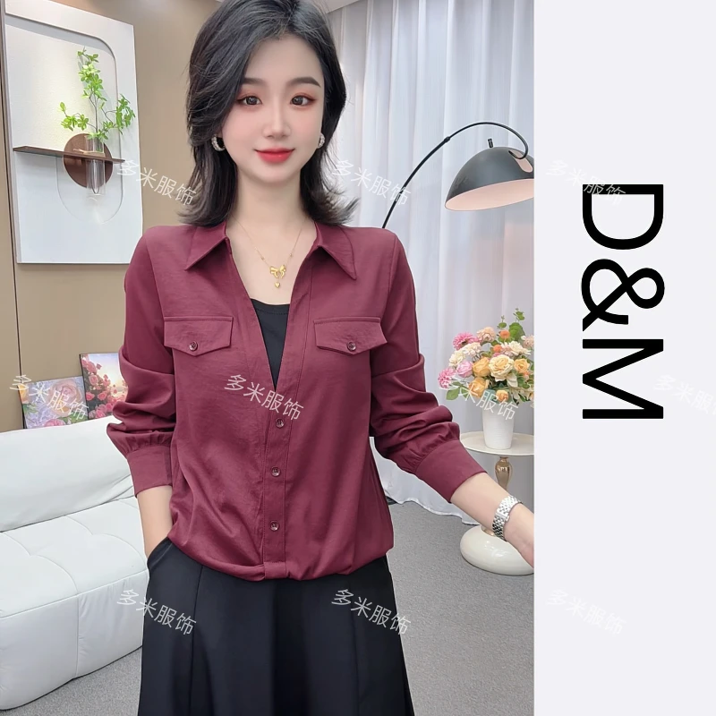 2025早秋新款衬衫女气质翻领女士上衣拼接假两件设计洋气百搭