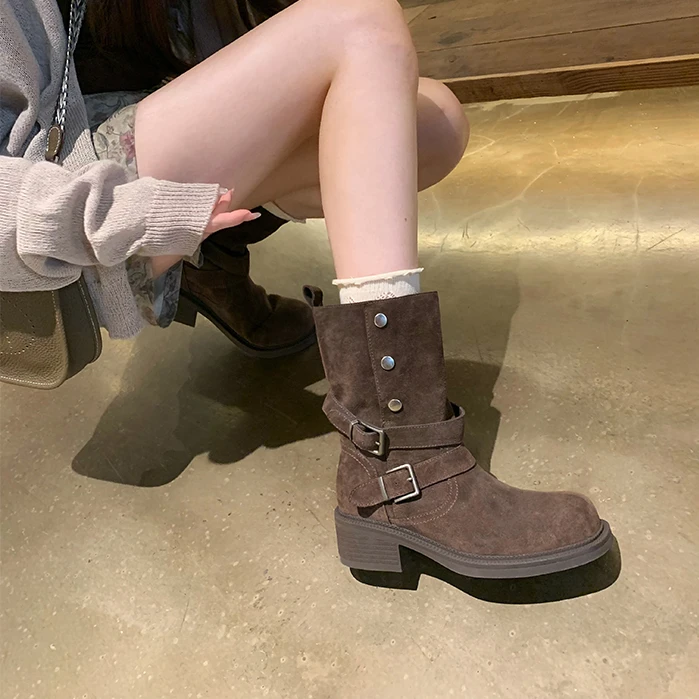 牛皮版~美拉德粗跟厚底马丁靴女2025新款秋冬翻折两穿堆堆靴短靴