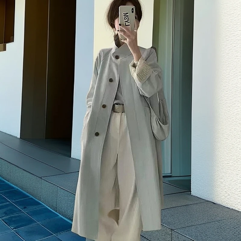 2025立领单排扣翻袖中长款风衣外套女休闲百搭春季时尚气质