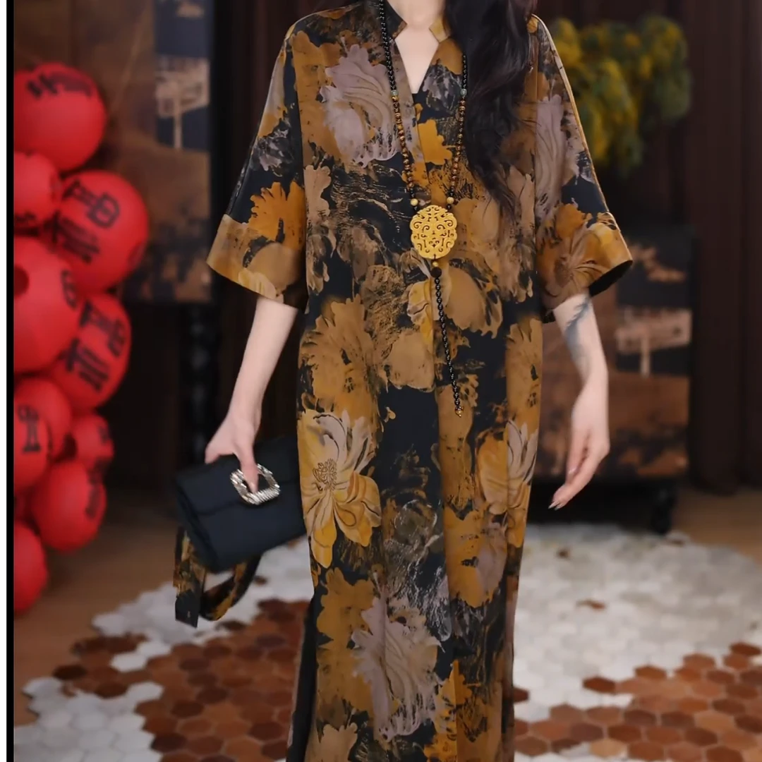 B【归云】香云纱长款百搭时尚宽松春夏提花新中式国风连衣裙