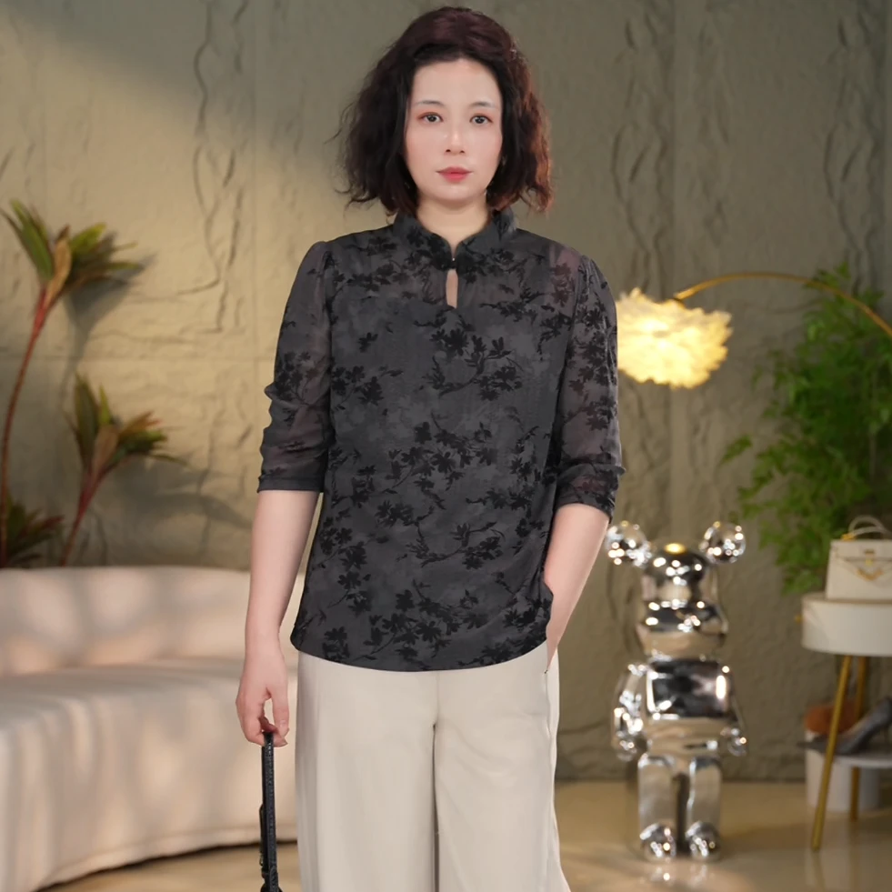 复古印花新中式上衣植绒中袖打底衫中国风时尚夏季上衣大码455