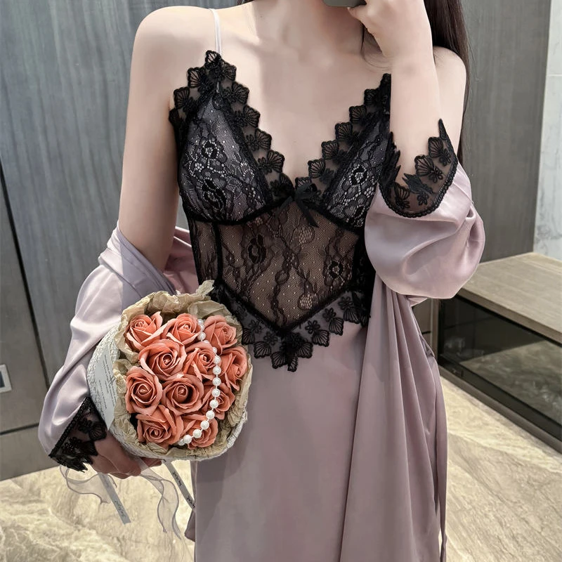 法式性感维密美背蕾丝刺绣胸垫睡衣女款爆款2025新款吊带冰丝睡裙