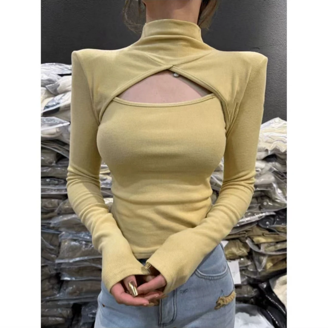 秋冬24【无垫肩】纯欲风镂空半高领长袖内搭打底衫双面磨毛加厚上衣