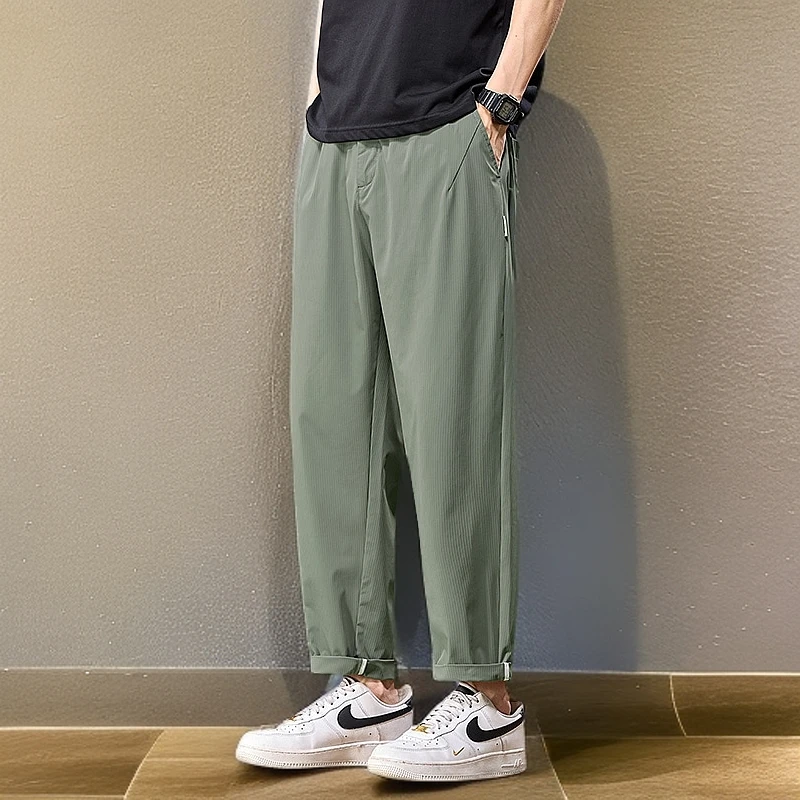 夏季薄款冰丝微锥休闲裤男士简约百搭九分裤潮流宽松显瘦小直筒裤