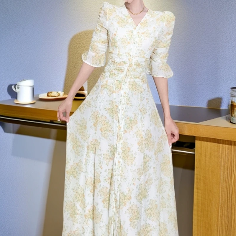 【Fiona原创】新款（053）法式碎花收腰气质连衣裙夏季度假显瘦长裙