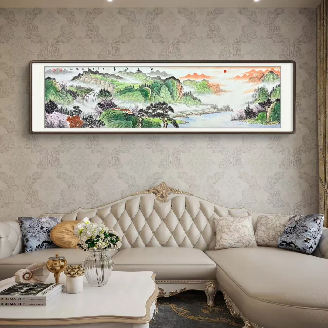 《源远流长》山水画六尺对开客厅背景墙宣纸国画作品文玩探宝