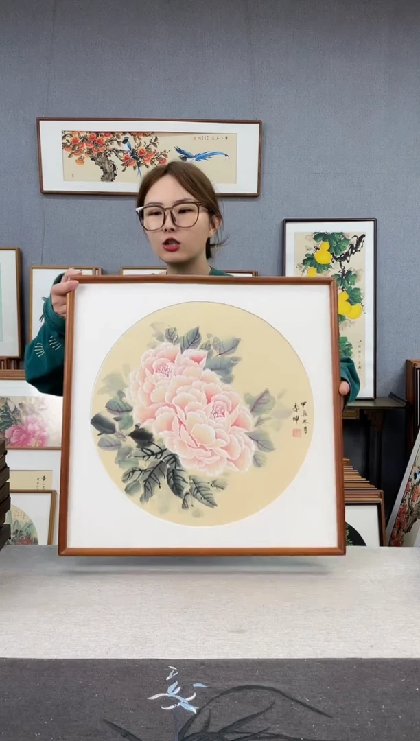 【闪购商品】国画李坤-手绘带框作品-53*53-牡丹