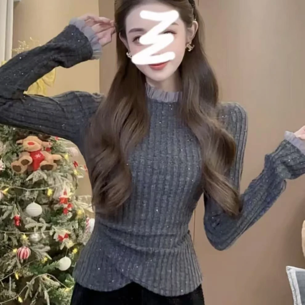 灰色蕾丝半高领针织内搭打底衫女秋冬内搭交叉收腰法式高级感上衣