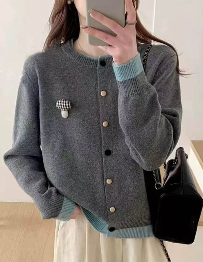 丽姐家~蘑菇灰时尚百搭宽松圆领早秋开衫上衣