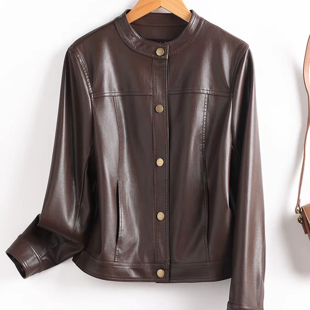 圆领厚款极简风咖啡色外套气质春季短款轻职风皮衣 290