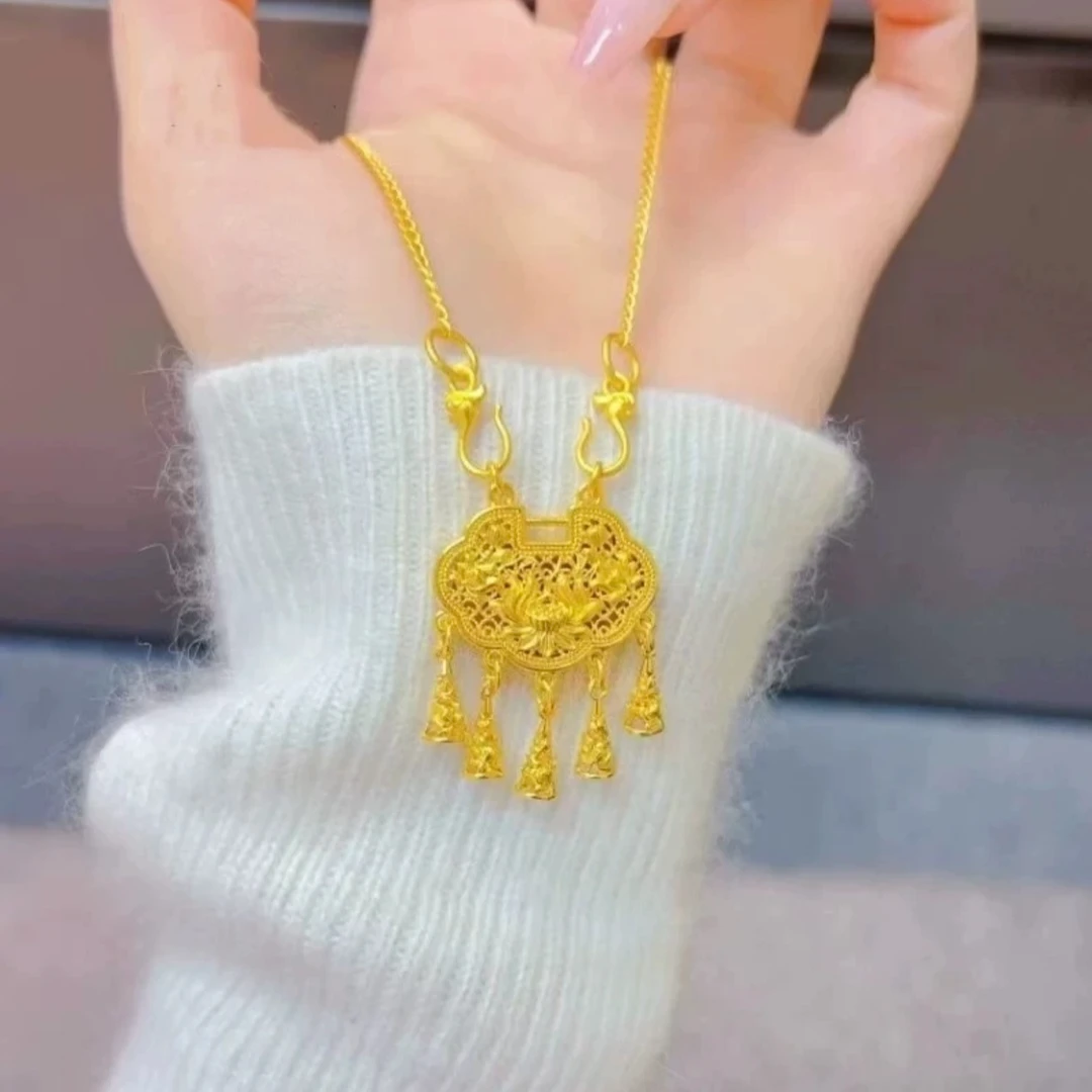 铜合金项链 新中式国潮风铃同心莲流苏锁镂空平安锁吊坠坠链