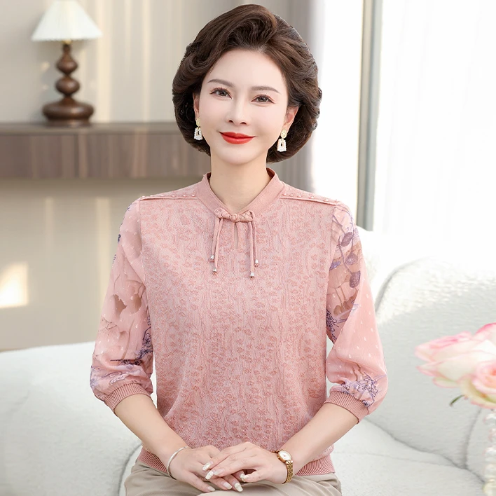 新中式国风妈妈春装薄款七分袖针织小衫中老年女夏季洋气T恤上衣