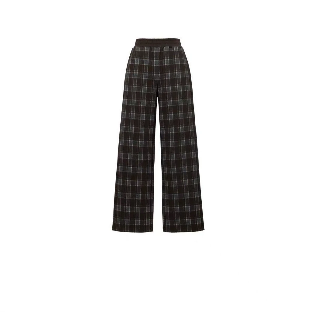 E+2025早秋新款女装 复古格纹高腰显瘦磨毛感直筒休闲裤