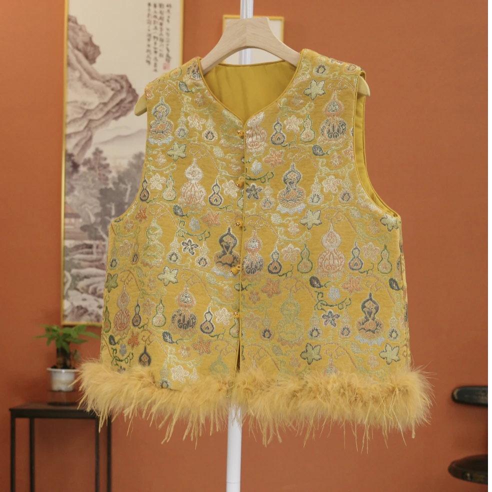 【葫芦花】—秋季加厚新中式国风 设计时尚显瘦驼鸟毛中国风