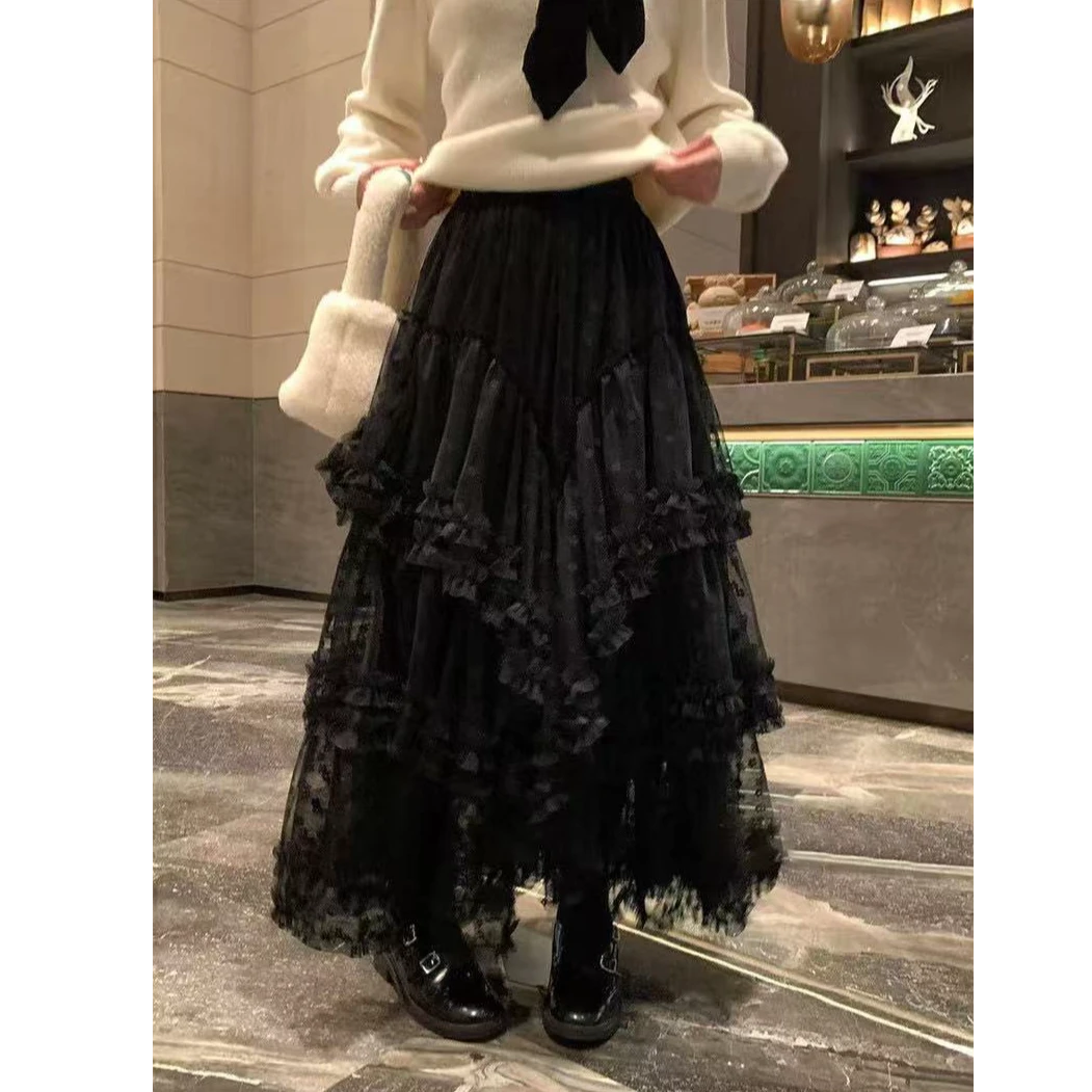 欧洲站2025春季高腰小花朵网纱荷叶边拼接设计感仙女A字半身裙女