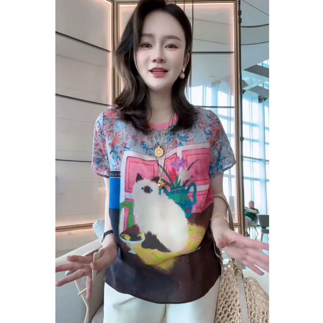 【丝芙玉禄】（F939）100真丝双绉可爱喵咪夏季显瘦桑蚕丝t恤上衣