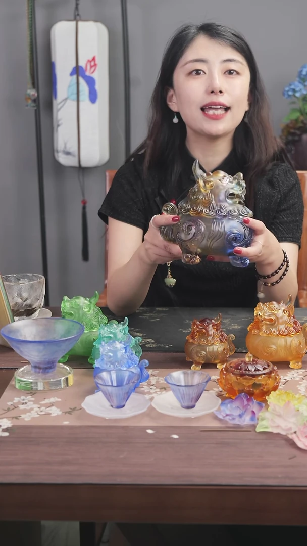 琉璃手工艺品蓝紫色大号狻猊香炉