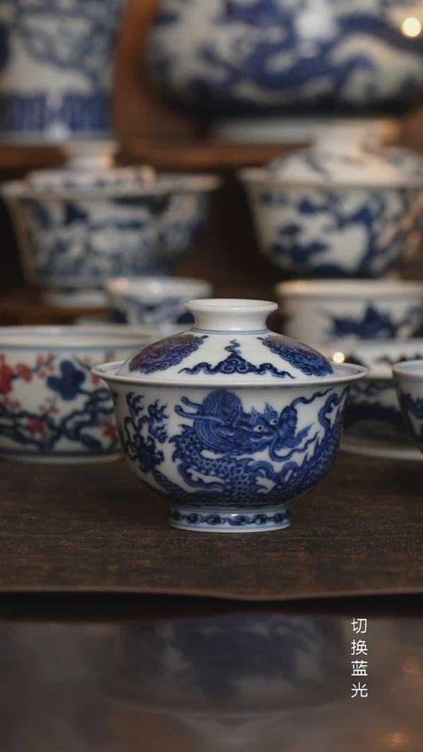 松风馆藏仿明青花龙纹盖碗120CC