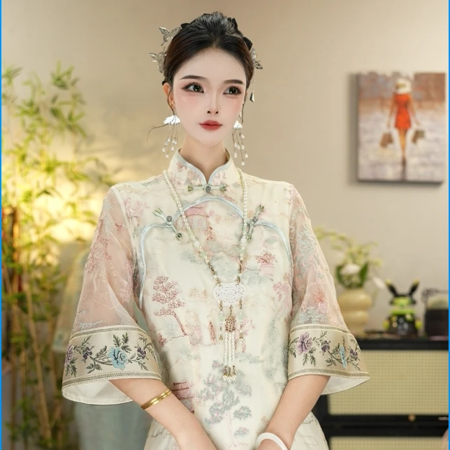 花享悦2025年夏季新款气质古风白色新中式复古日常连衣裙WW（2795）