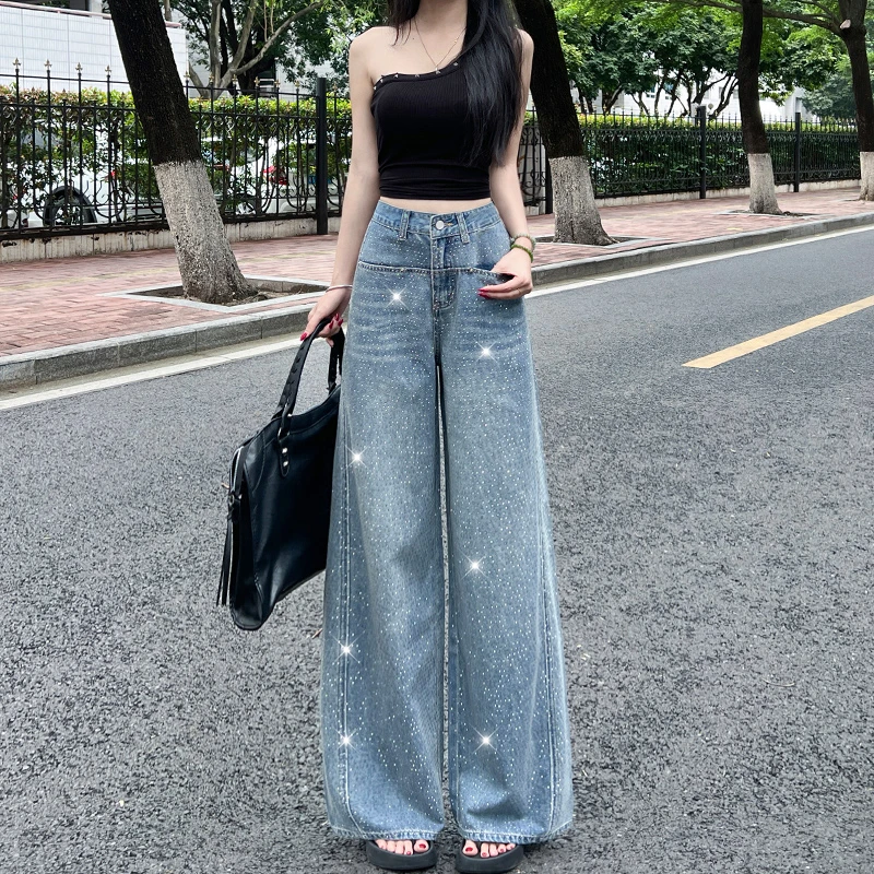 复古色重工烫钻阔腿牛仔裤女2025秋季新款宽松显瘦直筒裤小个子