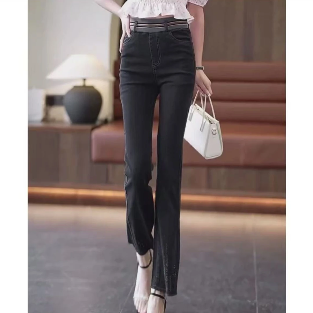 2151#【裤长100】牛仔微喇裤女士新款低腰高腰弹力显瘦喇叭裤子