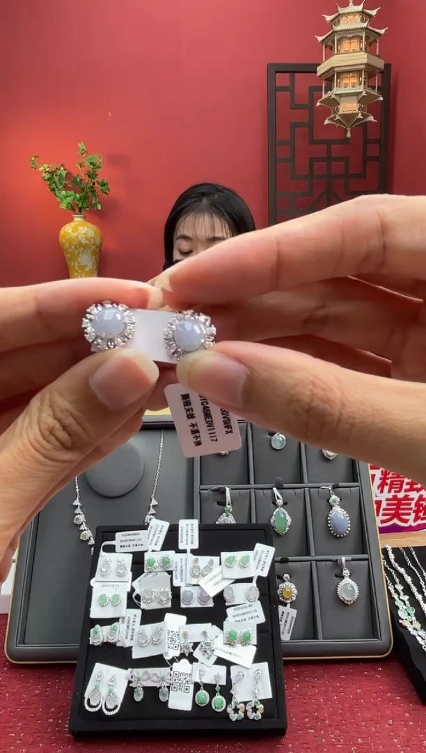 银S925镶嵌翡翠耳饰003681R