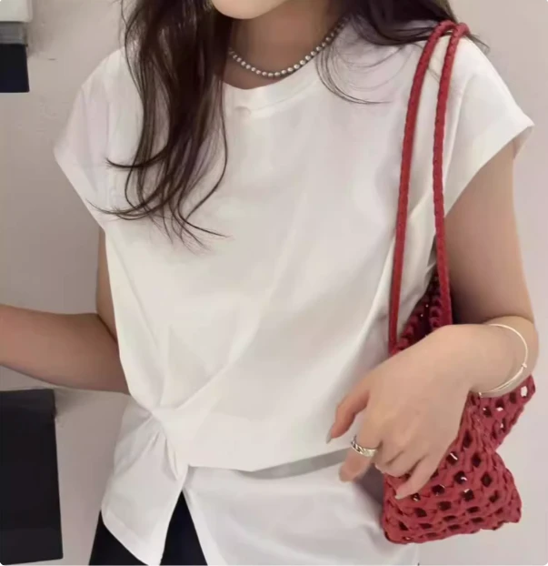 不规则褶皱收腰短袖t恤女2025夏新款韩版设计感别致独特显瘦T恤