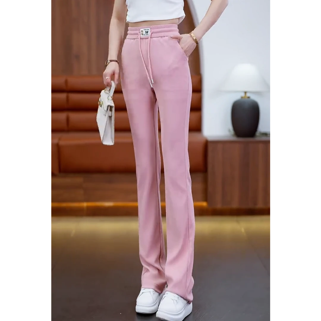 新款高腰微喇裤气质松紧腰垂感柔软休闲时尚透气多巴胺减龄迷你条