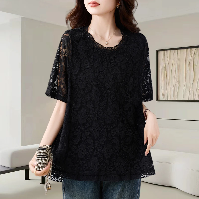 中长款蕾丝短袖小衫女2025夏季新款洋气减龄宽松大码显瘦t恤上衣