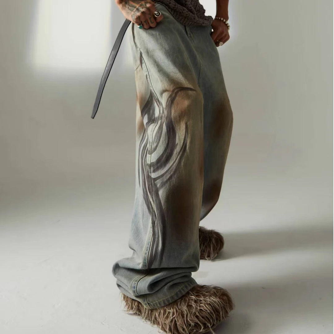 巴黎图腾水洗造旧阔型牛仔裤