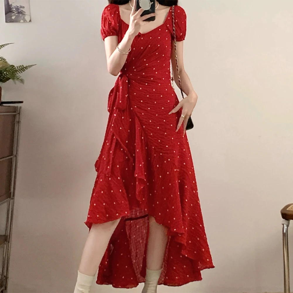 大码女装300斤胖MM夏季新款复古波点短袖不规则连衣裙67029