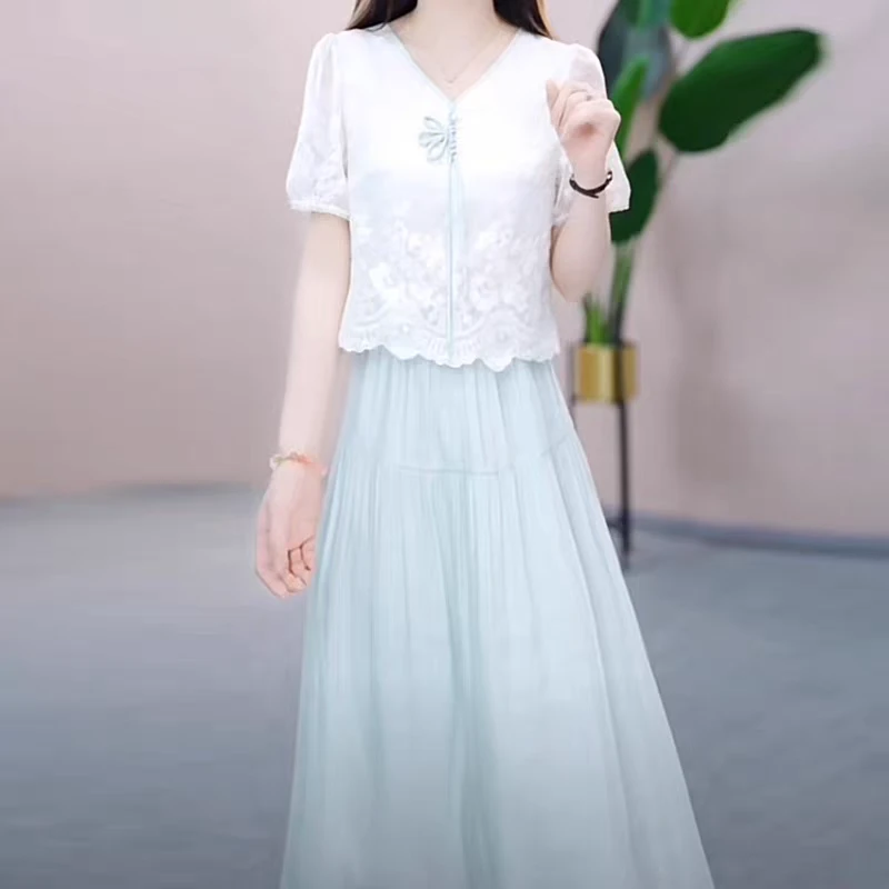 国风新中式假两件气质连衣裙夏季新款修身显瘦减龄洋气流行裙子