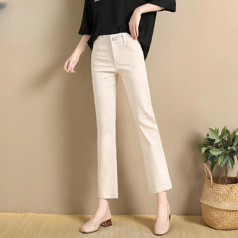 2025冬季加绒烟管裤子新款米白色牛仔裤女款显瘦高腰小个子直筒裤