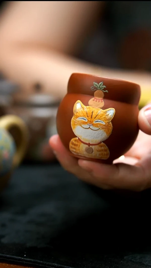 茶壶紫砂橘猫葫芦杯