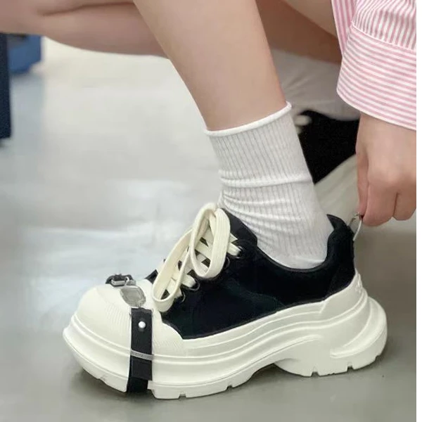 何浩楠同款绑带黑白百搭帆布鞋厚底老爹鞋增高6.5cm休闲板鞋女