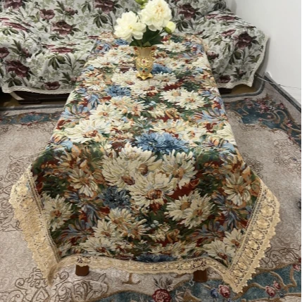 ZN107-84棉麻【90*250】彩菊水溶花边棉麻交织布桌布茶几布