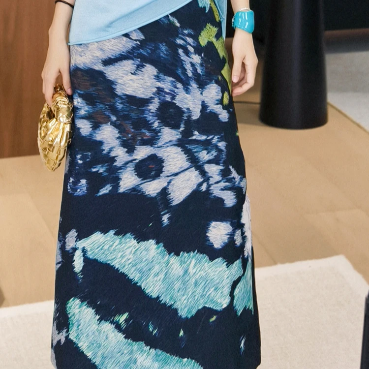 美洋MEIYANG 青羽半裙 抽象艺术印花_斜纹高腰A字半身中长裙